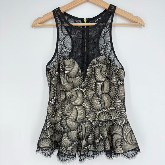bebe Tops - BEBE Black‎ Lace Peplum Top Size XS